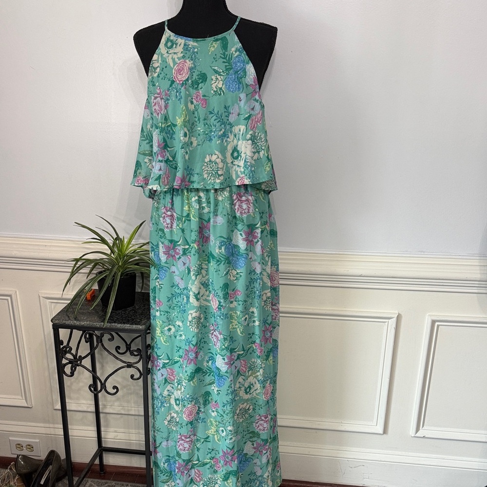❤️ NWOT Midnight Sky Green Purple Floral Sleeveless Romantic Maxi Dress M